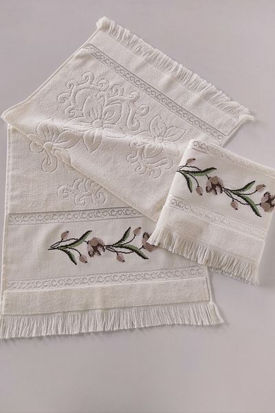 Sevim Cross Stitch Embroidered Rose Velvet Hand Face Towel Set of 2 - 50X90 cm - Cream