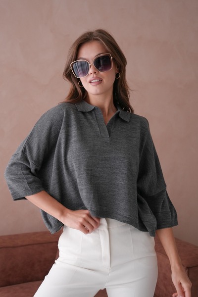 WOMAN VISION Knitwear Fabric Polo Neck Oversize Fit Crop Anthracite Women's Blouse 002