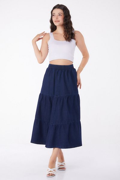 TOFİSA Blue Thin Denim Women's Skirt - Straight Medium - 25359