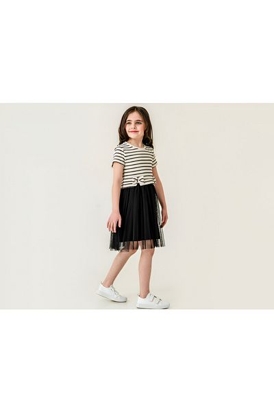 GH BABY Striped Patterned Ribbon Tutu Girl's Dress 3-7 Years Old 3 Colors Summer Eid