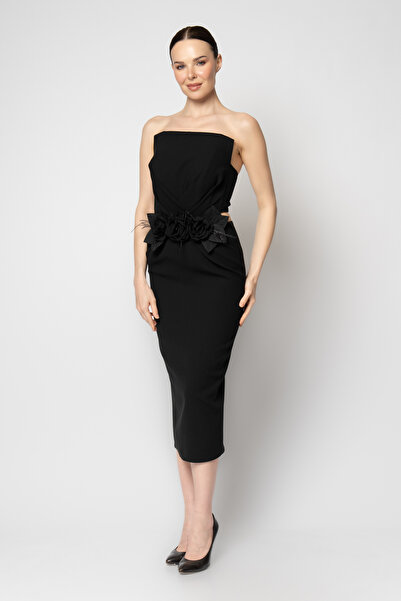 RENGIN Göğüs altı çiçekli belden dekolteli krep abiye elbise