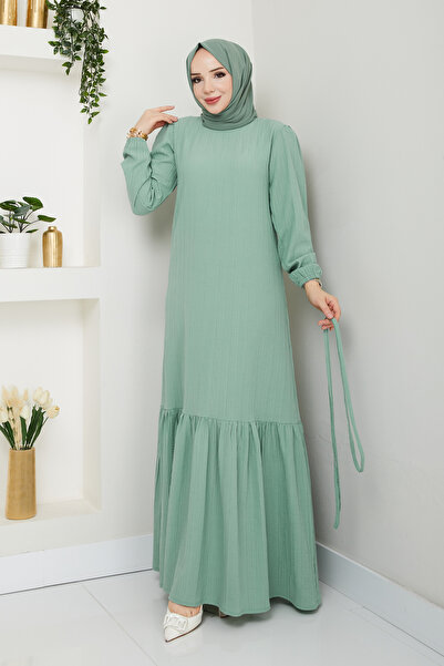 A S HAZIR GİYİM BİYE KEMER DETAYLI KOLU LASTİKLİ KABARTMA KUMAŞ GÜNLÜK KULLANIMA UYGUN ELBİSE