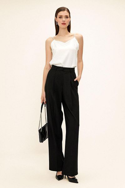 Olcay Pantaloni Palazzo plisați cu talie înaltă NEGRU 7582