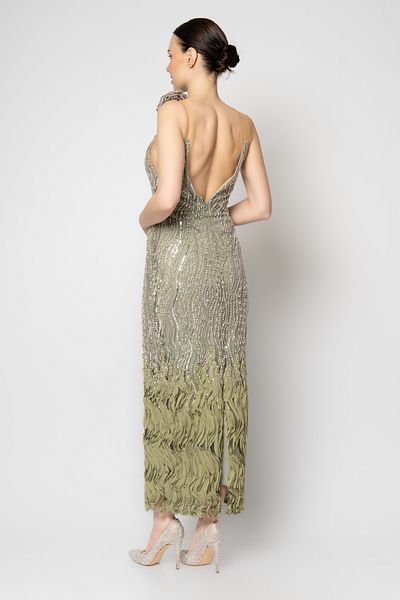 RENGIN One Shoulder Flower Tulle Strap Skirt Hem Wave Evening Dress