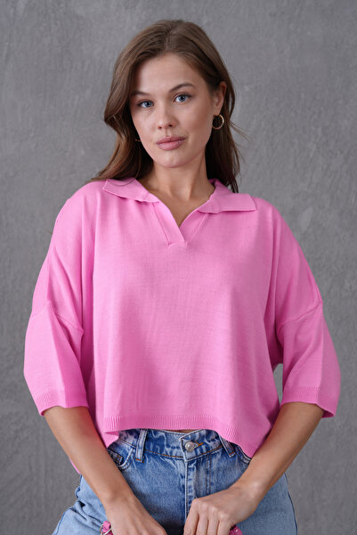 bayansepeti Women's Pink Polo Neck Half Sleeve Oversize Summer Crop Knitwear Blouse 002