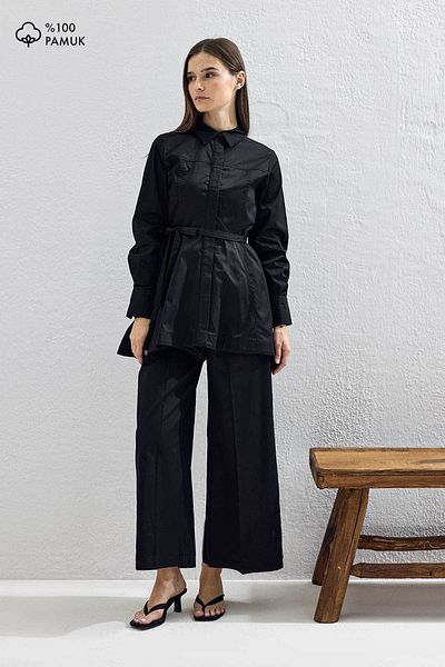 Hooopstore Cosmo Waist Detailed Cotton Black Trousers Suit