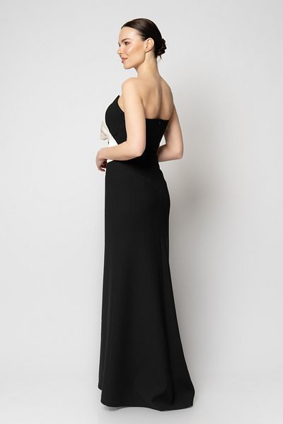 RENGIN Satin Stripe Detail Crepe Evening Dress with Ribbon Waist