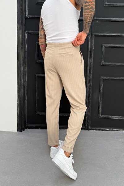 MADZEYMODA Ανδρικό παντελόνι Boyfriend Mold Διπλό Πλισέ Μπεζ υφασμάτινο παντελόνι KE-1025