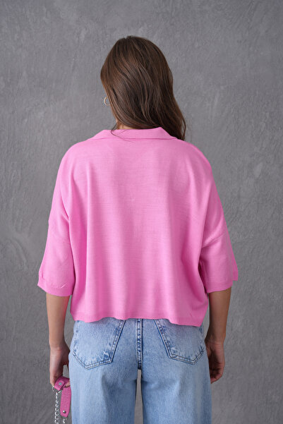 bayansepeti Women's Pink Polo Neck Half Sleeve Oversize Summer Crop Knitwear Blouse 002