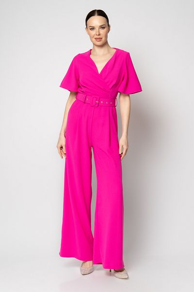 RENGIN Flounced Short Sleeve Belt Crepe Evening Dress Jumpsuit
