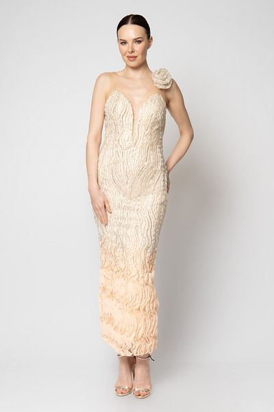 RENGIN One Shoulder Flower Tulle Strap Skirt Hem Wave Evening Dress