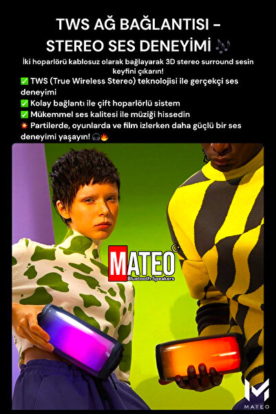 MATEO Işıklı Bluetooth Hoparlör 10W Güçlü Bass, Mikrofonlu, 1800mAh Şarjlı, Kablosuz Müzik Keyfi
