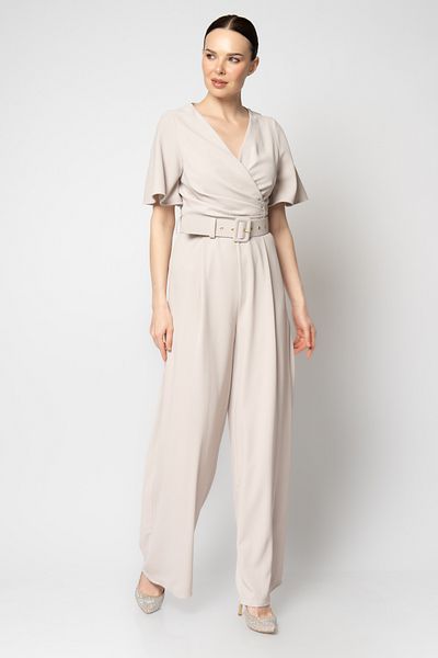 RENGIN Flounced Short Sleeve Belt Crepe Evening Dress Jumpsuit