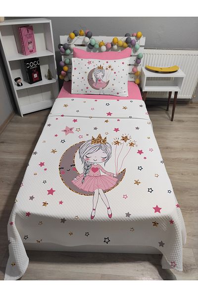 yok yok evim eve dair her şey 4 Piece Girl Sitting on the Moon Patterned Single Pi̇ke Bedspread Set with Elastic Sheets