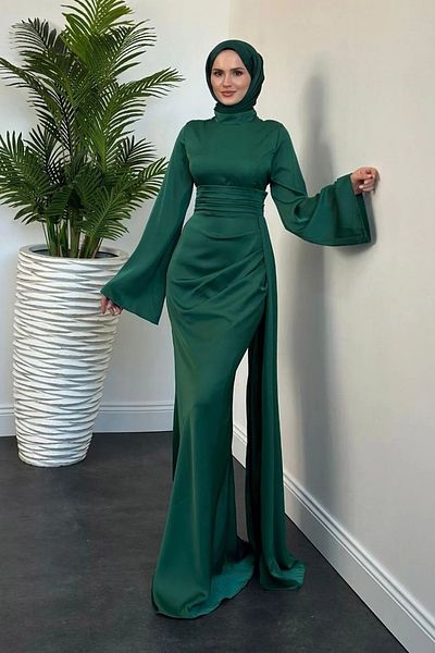 Abiye Diyarı Women's Cape Satin Fish Evening Dress-Emerald