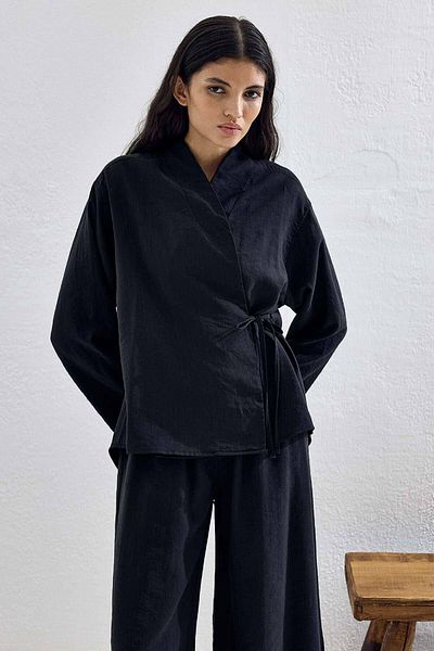 Hooopstore Lyocell Cupra Black Kimono Set with Lacing Detail