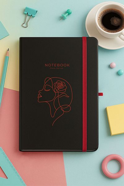 inkglo Red Rose Patterned Black Hard Cover Striped Notebook Daily Notepad Planner 13X21Cm