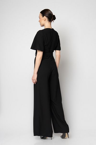 RENGIN Flounced Short Sleeve Belt Crepe Evening Dress Jumpsuit