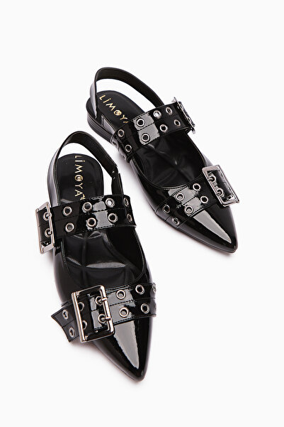 Limoya Davin Siyah Rugan Kemerli Sivri Burunlu Kadın Sandalet Fırsat Ürünü