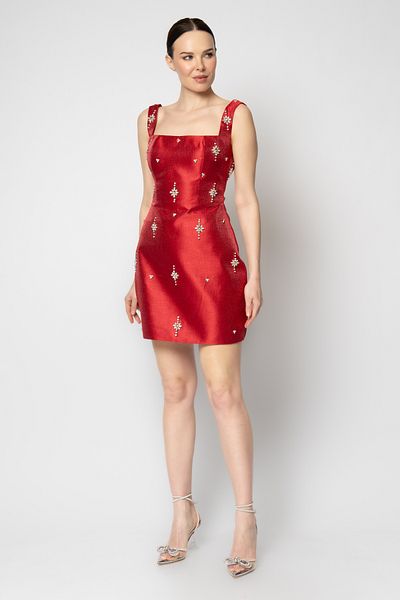 RENGIN Square Collar Thick Straps Sprinkled Stone Embroidered Evening Dress
