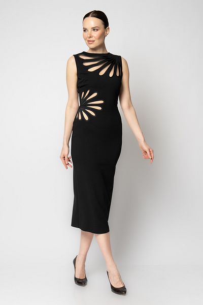 RENGIN Crepe Evening Dress with Laser Flower Cut on the Waist and Neckline