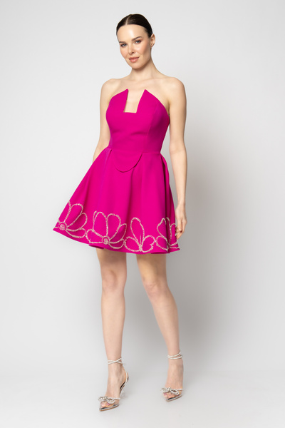 RENGIN Etek uçları çiçek desen taşlı krep abiye elbise