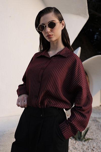 Olcay Cămașă modal lejeră din țesătură cu dungi ROȘU Claret 9326