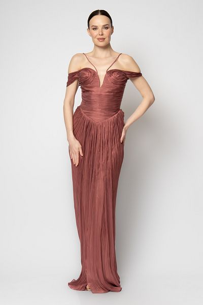 RENGIN Breast Hand Draped Halter-Neck Slim Organza Evening Dress
