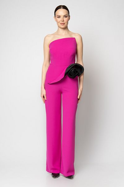 RENGIN Strapless Crepe Evening Jumpsuit with Rose Detail at the Waist