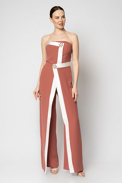 RENGIN Double Color Crepe Evening Dress Jumpsuit with Asymmetrical Cut Brooch Accessory on the Front