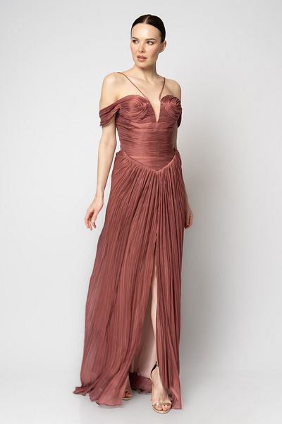 RENGIN Breast Hand Draped Halter-Neck Slim Organza Evening Dress