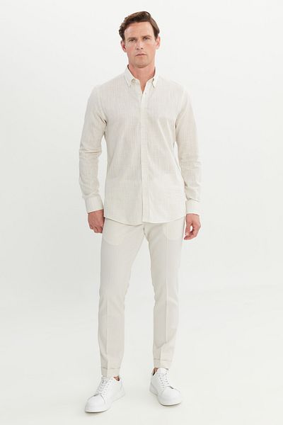 AC&Co / Altınyıldız Classics Men's Beige 100% Cotton Slim Fit Button Collar Shirt