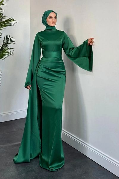 Abiye Diyarı Women's Cape Satin Fish Evening Dress-Grass Green