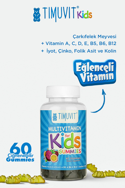 TIMUVIT Multivitamin For Kids | Çocuklar Için Vitamin C, D3 Ve Çinko Içeren 60 Lezzetli Çiğnenebilir Gummies