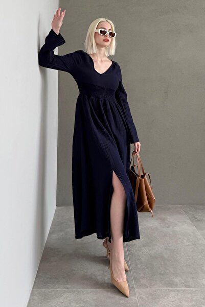 Seeh Mornarsko plava haljina sa V-izrezom i dugim rukavima Sa prorezom Sh228