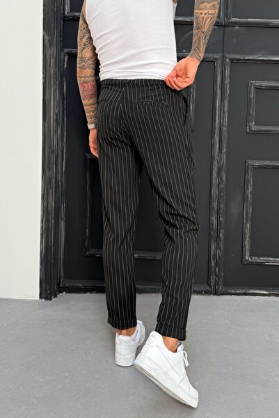 MADZEYMODA Men's Boyfriend Mold Double Leg Pleated Black Fabric Trousers Ke-1025