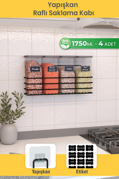 Dekula Yapışkan Raflı 4lü 1750ml Saklama Kabı Seti Etiket Hediyeli Metal Erza...