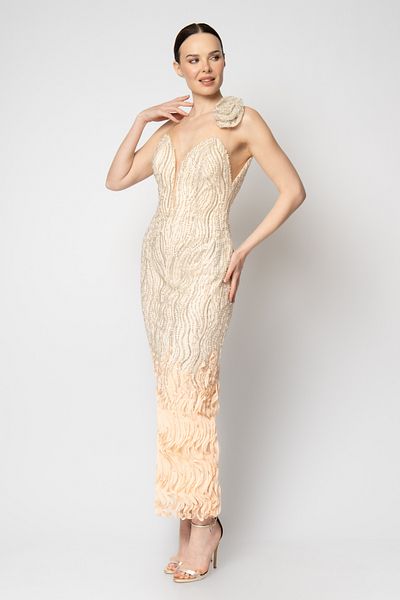 RENGIN One Shoulder Flower Tulle Strap Skirt Hem Wave Evening Dress