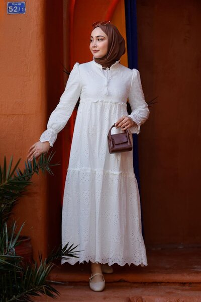 LOCCO Yaka Baglamalı Dantellı Elbıse Beyaz