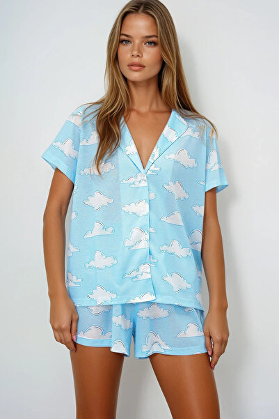 VAGGON Set de pijamale pentru femei, cămașă și pantaloni scurți din bumbac tricotat cu model Blue Cloud Pjmx13887