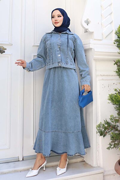 benguen Buttoned Jacket and Skirt Denim Suit Blue 2105