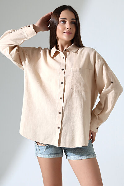 Corradeo Giyim New Season Oversize Pattern Linen Fabric Applique Women's Shirt with Pockets and Epaulettes