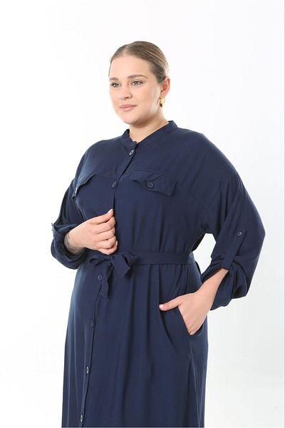 Şans Women's Plus Size Beige, Front Length Button, Adjustable Sleeve, Belted Long Dress 65N38957