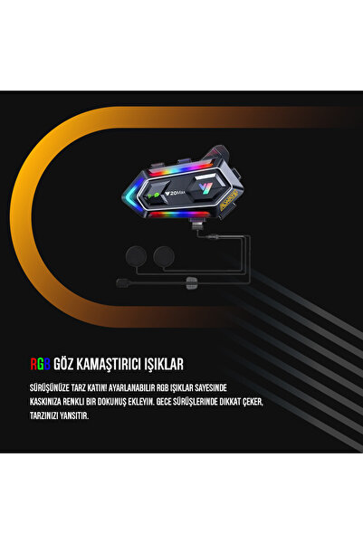 ALWAYS TEKNOLOJİ AL-Y20 Max Motorsiklet Intercom Su Geçirmez Kask 2 Kişi Telsiz Bağlantılı Intercom Rgb Intercom