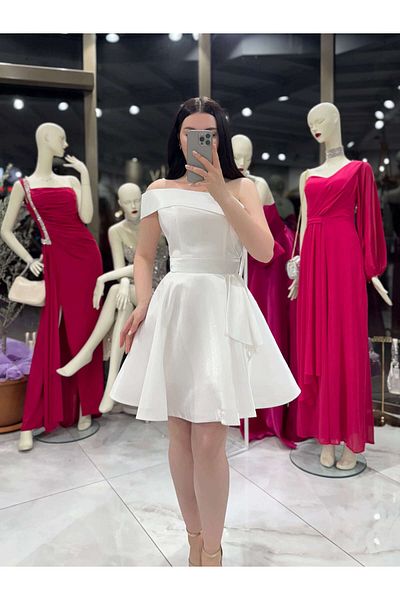 missswans Nona Shoulder Detailed Shiny Mini Skirt Flared Dress Evening Dress Ecru