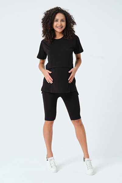 BUSA Hamile Emzirme Detaylı Beli Ayarlanabilir Kısa Kollu Tayt Takım Siyah