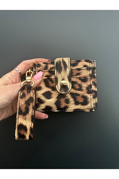 Melos Butik Women's Minimal Card Holder Detailed Wallet with Leopard Keychain Accessory