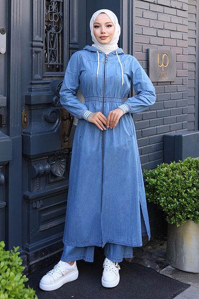 Modamihram Elastic Waist Hooded Denim Suit Light Blue 19370