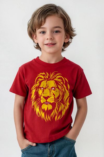 Kendim Seçtim Red Children's T-Shirt Lion Head Yellow Red Mane Lion Head Lion Printed T-Shirt