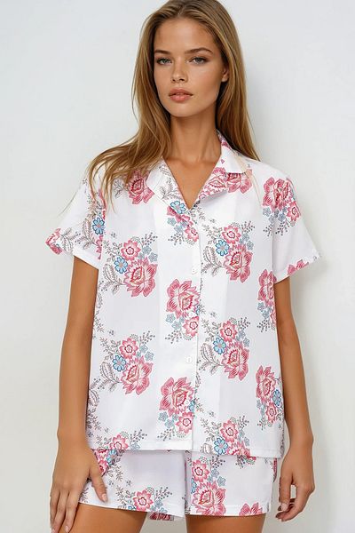 VAGGON Patterned Buttoned Front Woven Shirt and Shorts Pajama Set